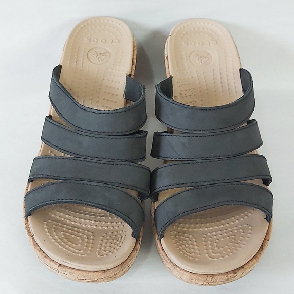 Crocs Women Wedge A-Leigh Cork Heel Black Strappy Slide Slip-on Sandals Size 10 - Picture 2 of 9